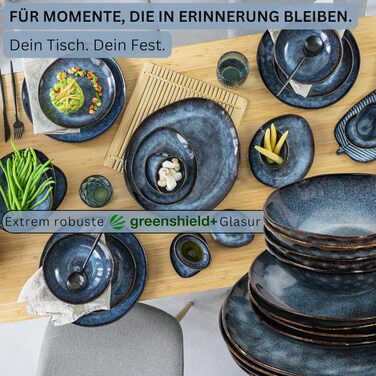 Sänger Tafelservice Tokio: 24-ти елементний набір посуду для 8 осіб, стегонна кераміка, сучасний ручної роботи, темно-синій з чорними акцентами | PREMIUM COLLECTION