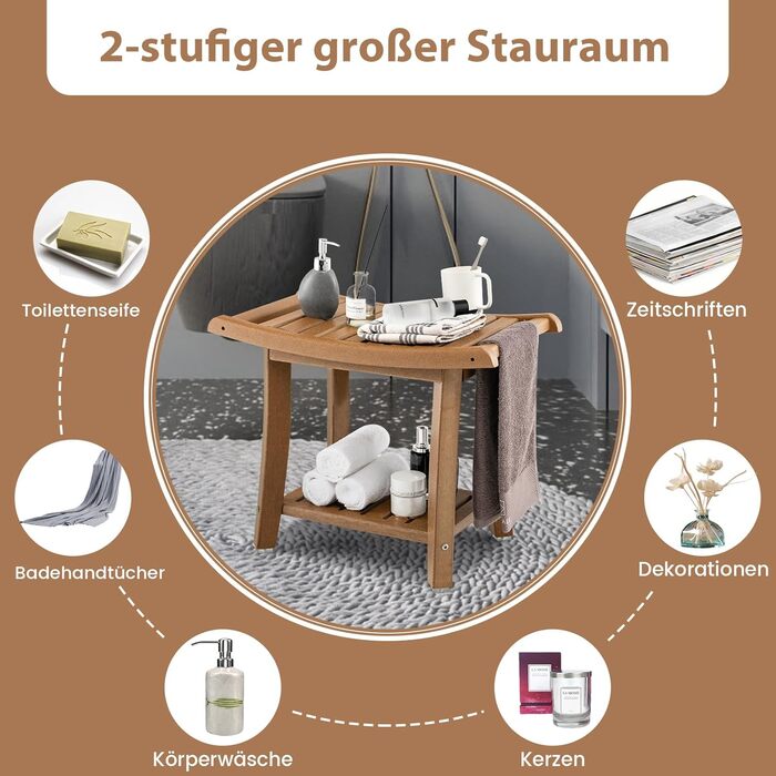 Двомісна лавка для душу Costway з полицею, 170 кг, 60.5 x 34 x 48 см (колір кавовий)