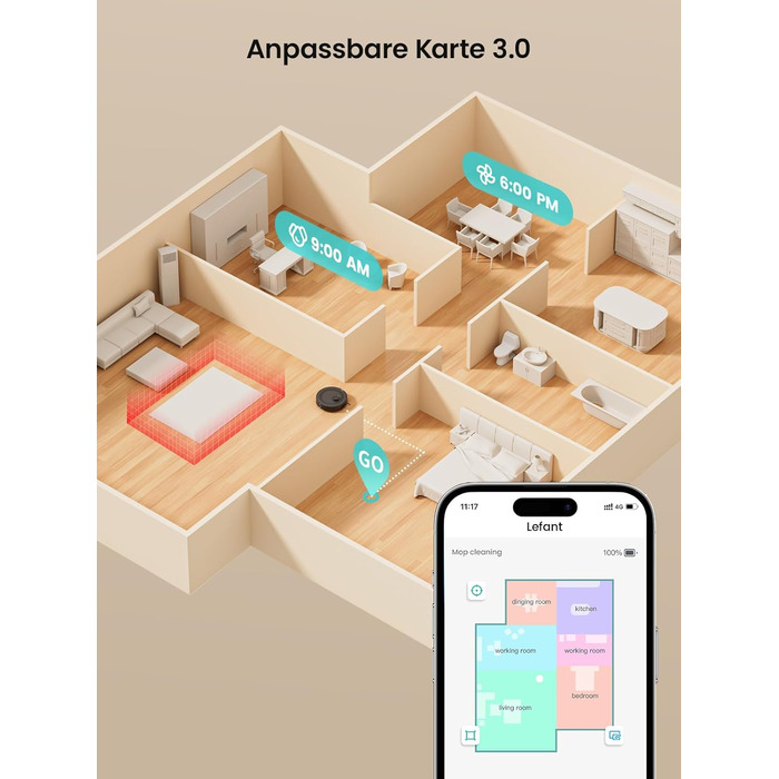 Робот-пилосос LEFANT M2 з функцією миття підлоги, 6000Pa, LiDAR-навігація, зони заборони, керування через APP/Alexa, для шерсті тварин, килимів та твердих підлог (M2B)