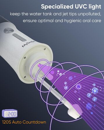 MySmile LP221 Бездротовий ірригатор для порожнини рота з UVC стерилізацією, 335 мл, портативний, OLED-дисплей, 4 режими, 8 насадок, чохол для дому та подорожей (перламутровий)