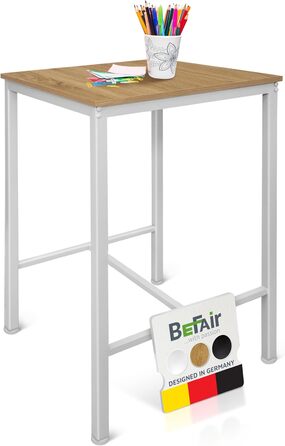 Барний стіл BeFair з дуба та білого кольору, 60x60 см, індустріальний дизайн, металеві ніжки, з підніжкою