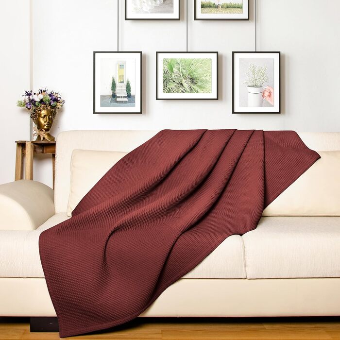 Плед LAYNENBURG Premium 180x220 см, вафельна тканина, 100% бавовна, теплий плед для ліжка, дивана, софи, махагон