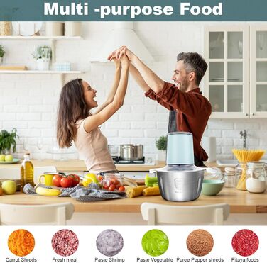 Електричний подрібнювач для кухні з великою ємністю 148W: 2 швидкості, 2л контейнер з нержавіючої сталі, 4 ножі з нержавіючої сталі. Подрібнювач для м'яса, цибулі, фруктів та овочів