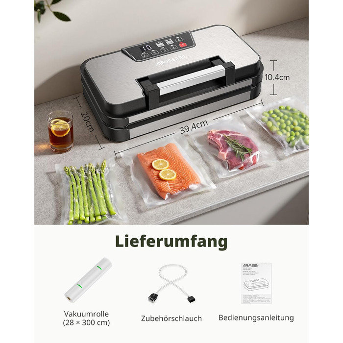 Вакууматор AIRMSEN 95 кПа з функцією підкачки, професійний вакуумулятор для сухих та вологих продуктів, 120 Вт, з відсіком для рулонів, різаком та шлангом, подвійний шва 2x3 мм
