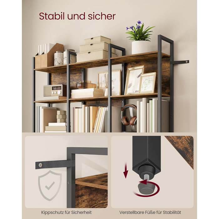 Стелаж VASAGLE з 5 відкритими полицями: для кухні, вітальні, офісу, промисловий дизайн, 24 x 128 x 154,1 см, vintagebraun-tintenschwarz