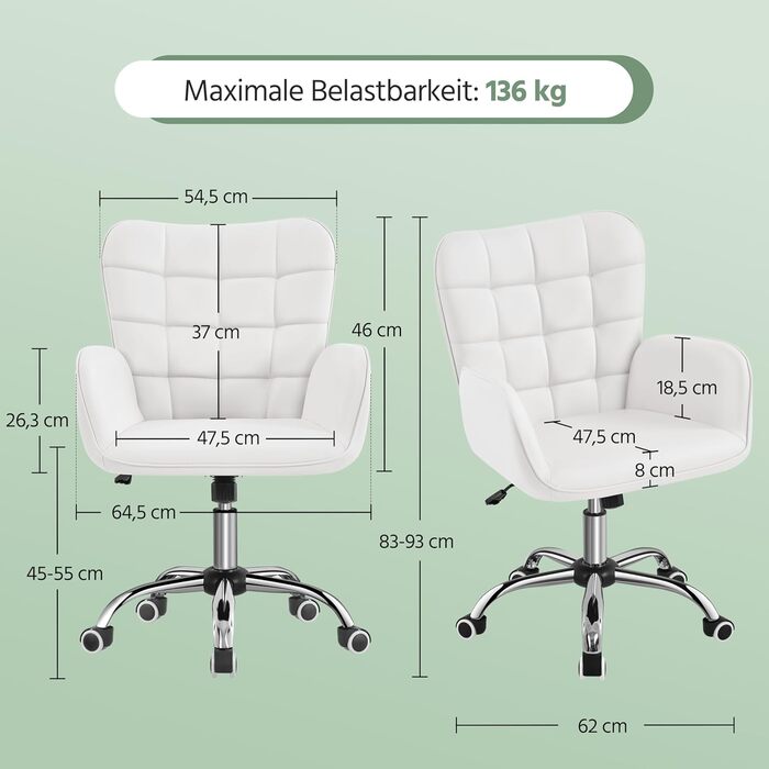 Офісне крісло Yaheetech: ергономічне, регульоване, з підлокітниками та роликами (до 136 кг), біле