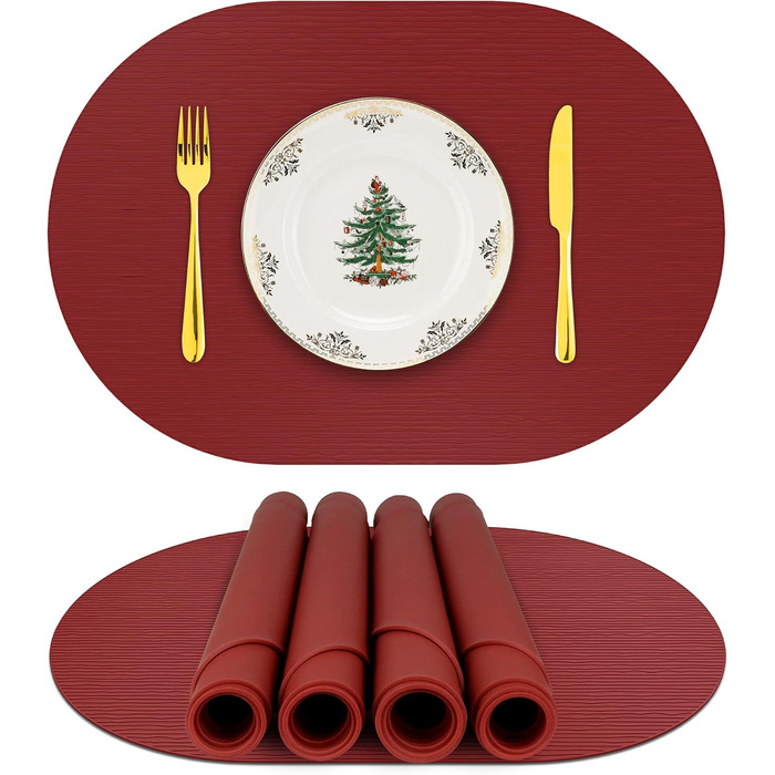 Силиконові серветки на стіл, овальні серветки для обіднього столу, набір 4 шт., неслизькі, водонепроникні, термостійкі, килимки для тераси (вишнево-червоний, овальні)