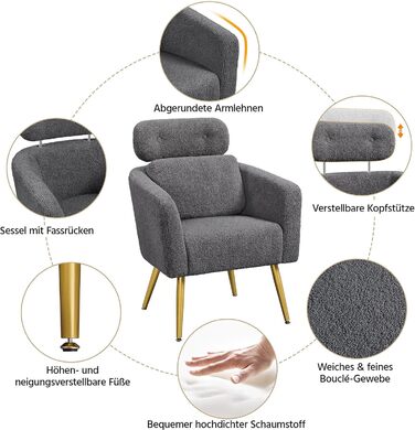 Крісло Yaheetech з тканини букле, крісло-релакс з регульованою спинкою та металевими ніжками, біле (темно-сіре)