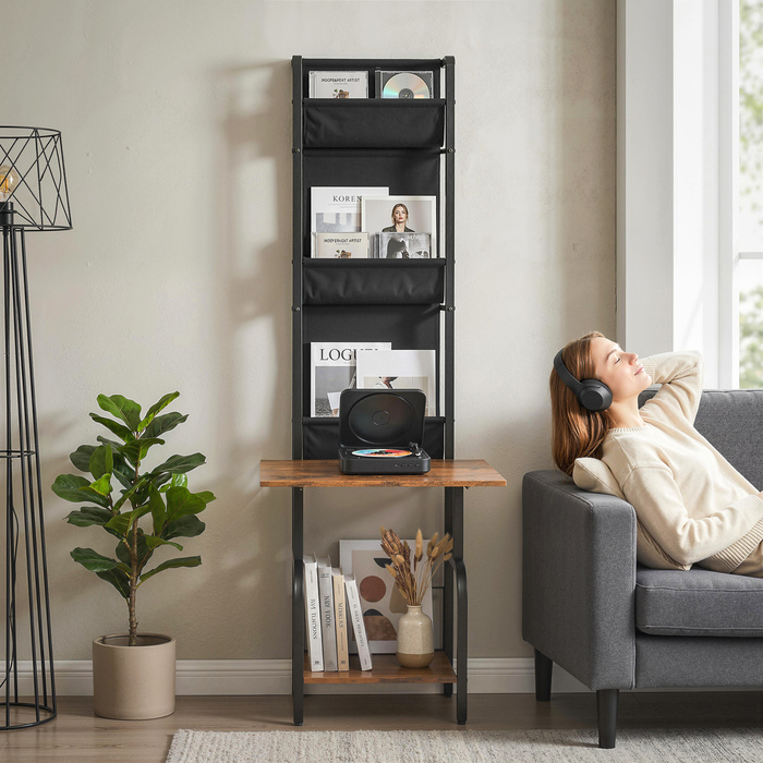 Індустріальна полиця для CD, зберігання CD та DVD з 3 текстильними кишенями та стільницею, у стилі рустикального дерева коричневого кольору