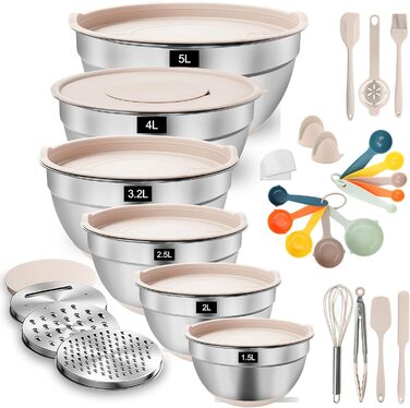 Набір міксерів YlYADl (31 предмет) - 6 нержавіючої сталі миски з кришкою та силіконовим дном (0.8-2.9L), стекові, 3 насадки-тертки