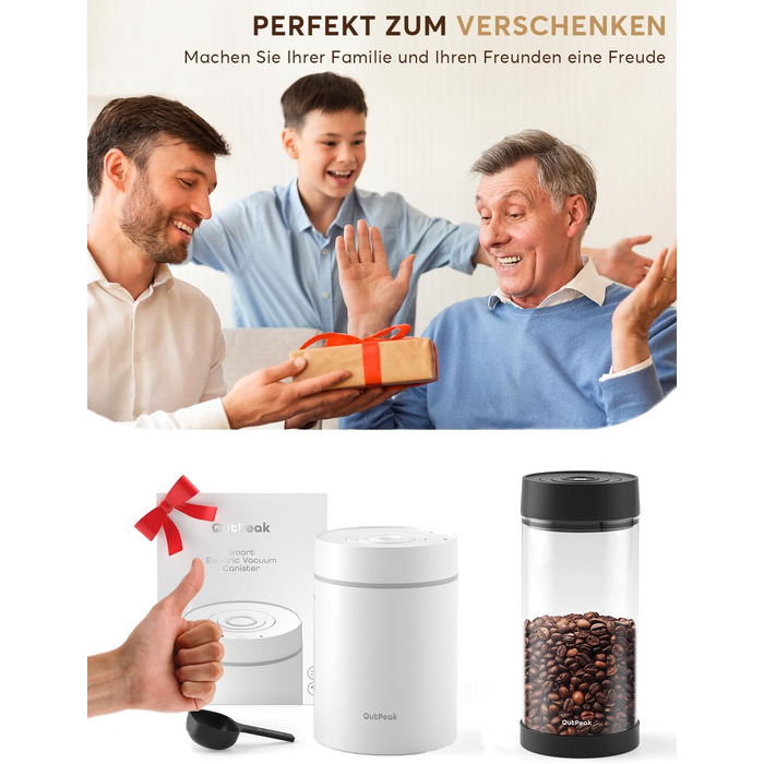 OUTPEAK Neo 2025 Kilo Auto-Vakuum-Kaffeedose: Вакуумний контейнер для кави OUTPEAK Neo 2025 Kilo, 1,5 л (500 г кавових зерен), з автоматичним вакуумуванням, нержавіюча сталь, для бариста, подарунок (великий, матовий чорний)