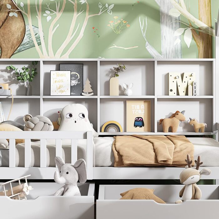 Ліжко дитяче 80x160 см з ящиками та віконцем, масивне дерево, захист від падіння, ламелі, для хлопчиків та дівчаток, ліжко-будиночок, без матраца, білий колір