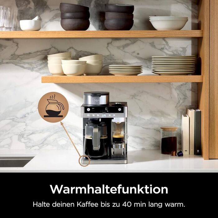 Кавомашина Ninja Prestige 2-в-1 для фільтр-кави та капсул з вбудованим капучинатором, для лате, айс-кави та флет вайт, чорна CFN802EU