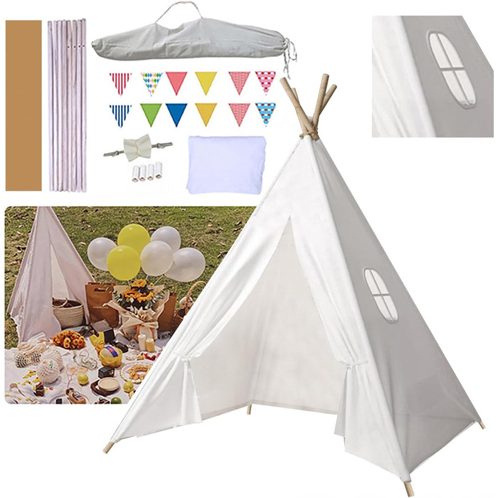 Дитячий намет-типі Kindertipi Dacron 120x120x160 см з вікном, миється, для дитячої кімнати, 4-х стовпчиків, білий