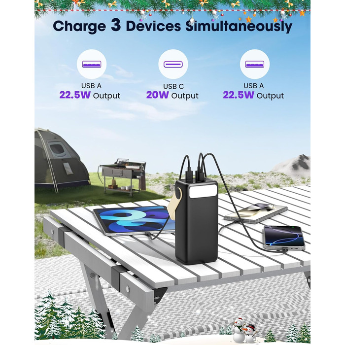 Power Bank 60000mAh Große Kapazität: Портативний акумулятор 60000mAh з USB-C, 3 виходи, 22.5W, для ноутбука, смартфона, планшета (Чорний)