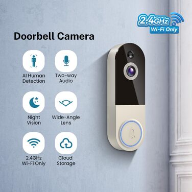 Відеодзвінок бездротовий 1080P з AI-розпізнаванням, нічне бачення, 2-сторонній аудіо, на батарейках, хмарне сховище, Wi-Fi 2.4 ГГц, для внутрішнього та зовнішнього використання