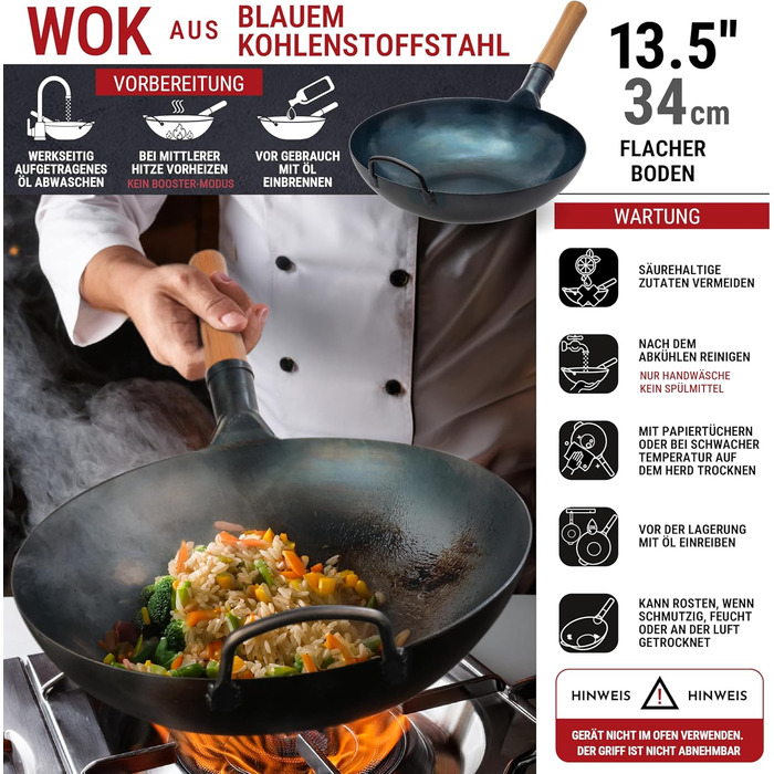 Вок YOSUKATA з вуглецевої сталі (34 см) - попередньо обпалена поверхня, плоске дно, для індукційних, газових та електричних плит (синій)