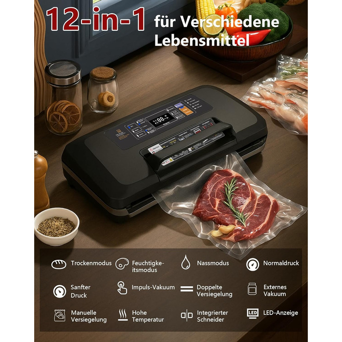 Вакууматор для продуктів 12-в-1, вакуумний пакувальник з подвійним швом, вбудованим різаком та лотком для збору рідини, 95кПа, чорний
