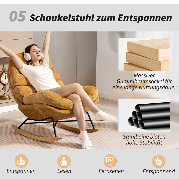 Крісло-гойдалка HOMCOM з м'яким сидінням, сталевими ніжками та дерев'яними ковзанами, жовтого кольору