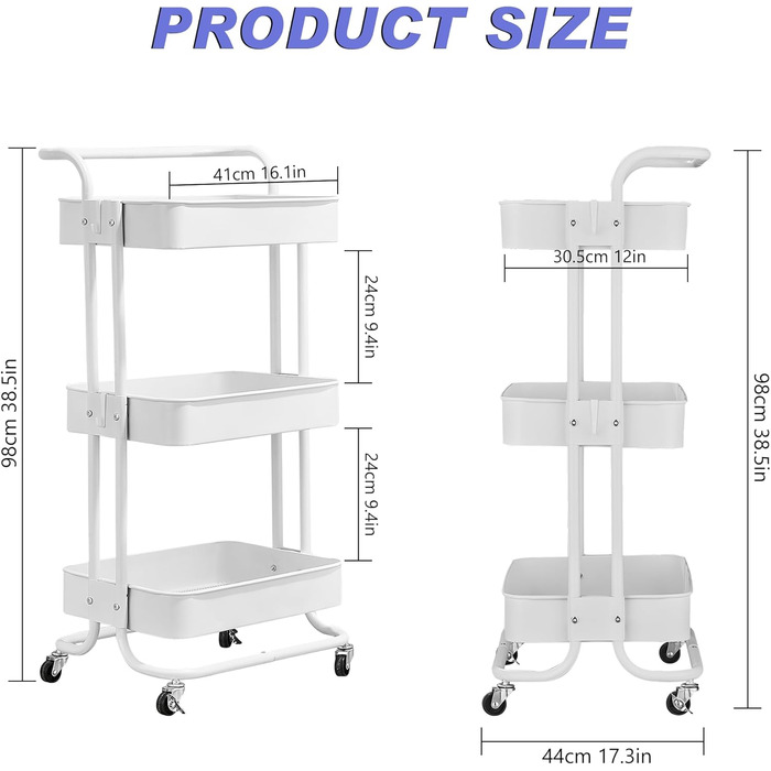 Кухонний візок Hoomtaook з колесами, металевий, 3 ящики, ручка, білий