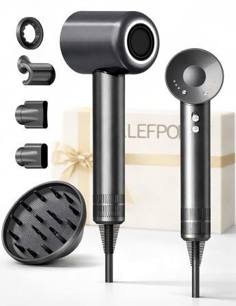 Професійний фен для волосся з дифузором та 5 насадками, іонний, 1600W, безщітковий мотор, низький рівень шуму, сріблясто-сірий