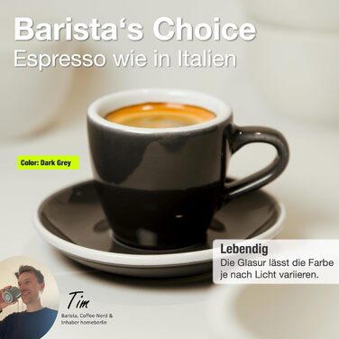 Набір еспресо-чашок Homeberlin Barista Pro - 4 шт. по 80 мл - Преміум якість, ручна робота, сірий глазурований стеглинний фарфор з підставками