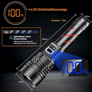 Потужний тактичний ліхтар Relybo LED, 1000000 Люмен, акумуляторний з USB-зарядкою, регулювання яскравості, водонепроникний для кемпінгу та екстрених ситуацій, чорний