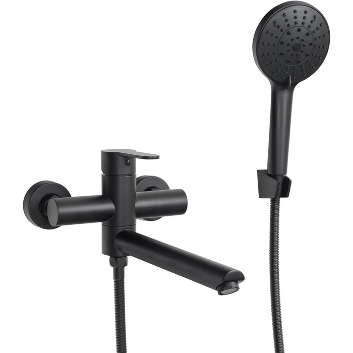 Змішувач для ванни PHASAT з витяжною лійкою, чорний, настінний монтаж, PTBB13E Long spout