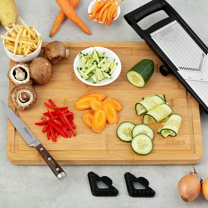 Овочерізка ZOLMER - Регульований овочерізка з двома дуже гострими ножами Жюльєн-Терка для овочів, включаючи ніж для нарізки овочів. Захист пальців і
