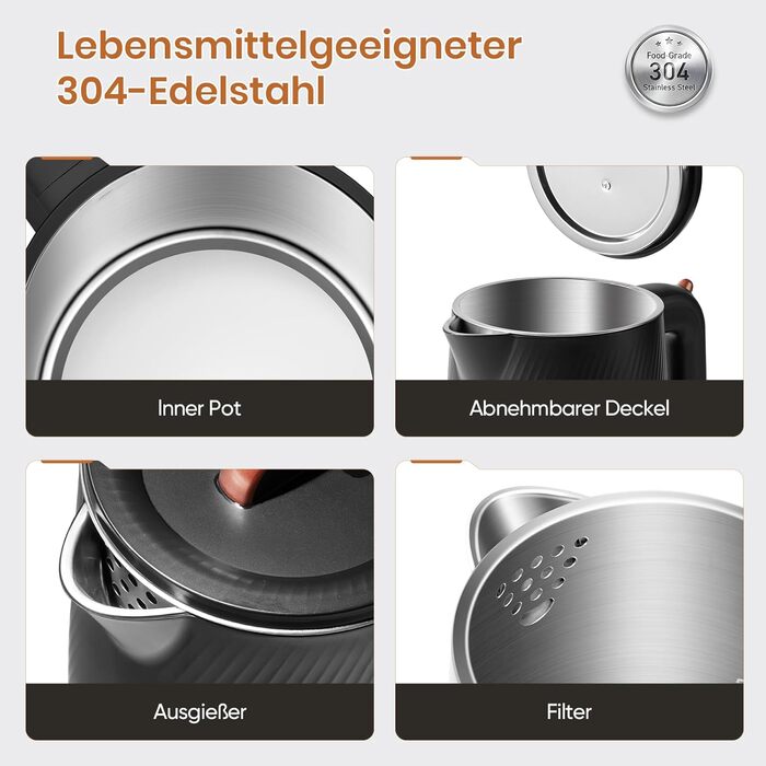 Електричний чайник OLEGA 1.8L, 1800W, нержавіюча сталь, автоматичне відключення, захист від сухого кип'яття