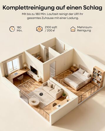 Робот-пилосос з функцією миття 5000Pa, 3-в-1 з часом роботи 180 хвилин, для прибирання шерсті тварин та килимів, з керуванням через додаток, чорний