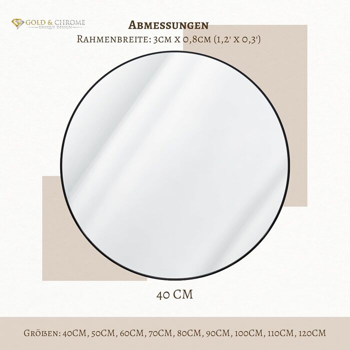 Круглий настінний дзеркало GOLD&CHROME - 50x50 см, чорний, з гарантією 2 роки. Дзеркало для ванної кімнати та для макіяжу, з алюмінію, декоративне, велике