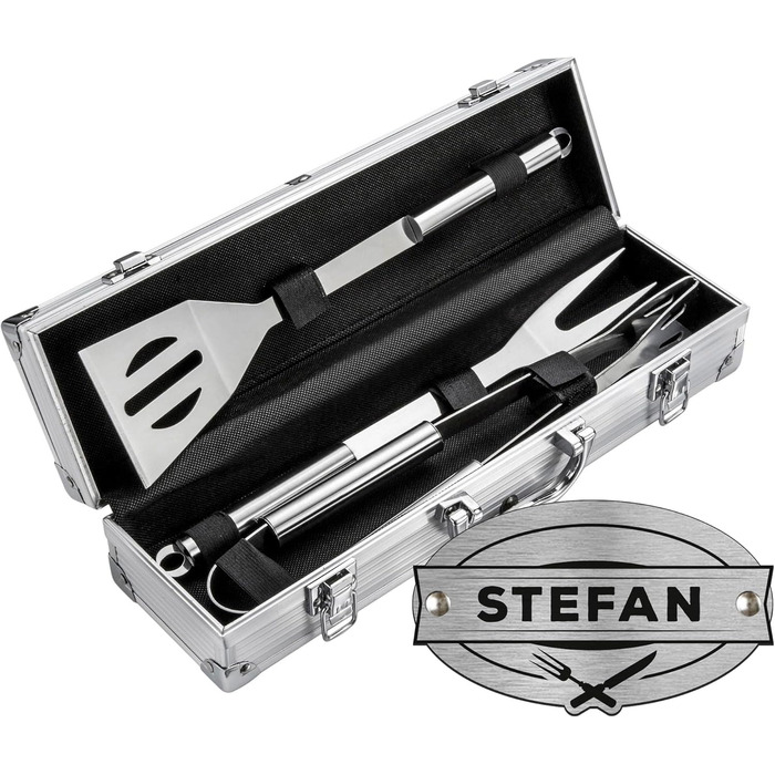 Набір для гриля AMAVEL з гриль-посудом та гравіюванням, персоналізований з ім'ям, з лопаткою, виделкою та щипцями, з нержавіючої сталі, подарунок для чоловіків