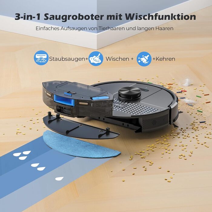 Робот-пилосос Lubluelu SL68 Plus 3-в-1 з функцією миття, 4500Pa, лазерна навігація, керування через додаток, 24 зони заборони для шерсті тварин, килим