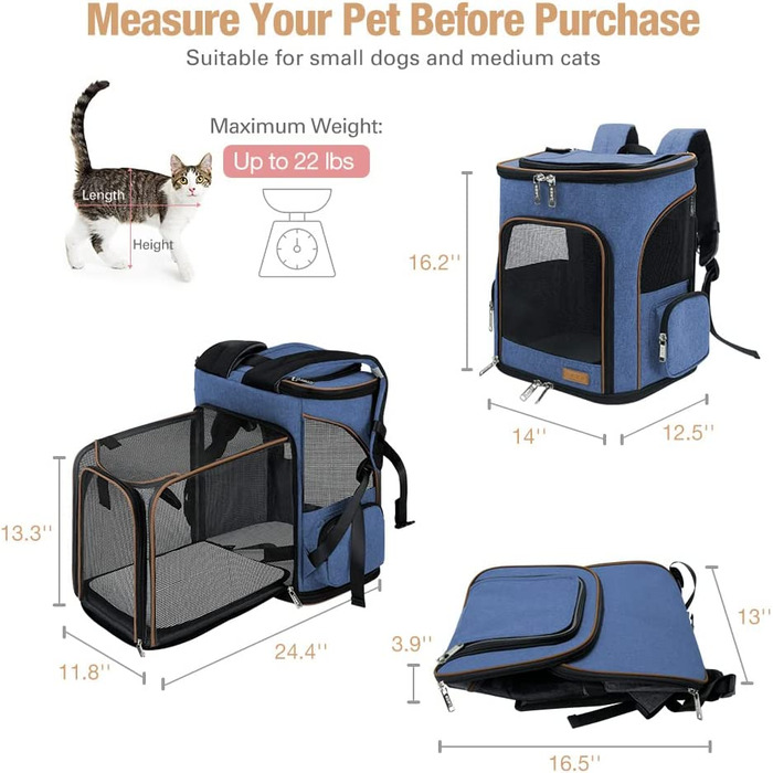 Великий рюкзак для кішок Lekesky Рюкзак для собак для кішок і собак вагою до 8-10 кг, розширюваний складаний рюкзак для домашніх тварин з внутрішнім повідцем і 2 килимками для домашніх тварин