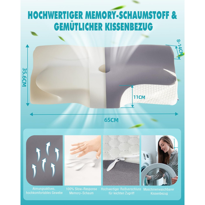 Ортопедична подушка IDEA проти болю в шиї: ергономічна подушка з Memory Foam для сну на боці, спині та животі - для комфортного сну та підтримки шиї (65 x 36 x 11/14 см)