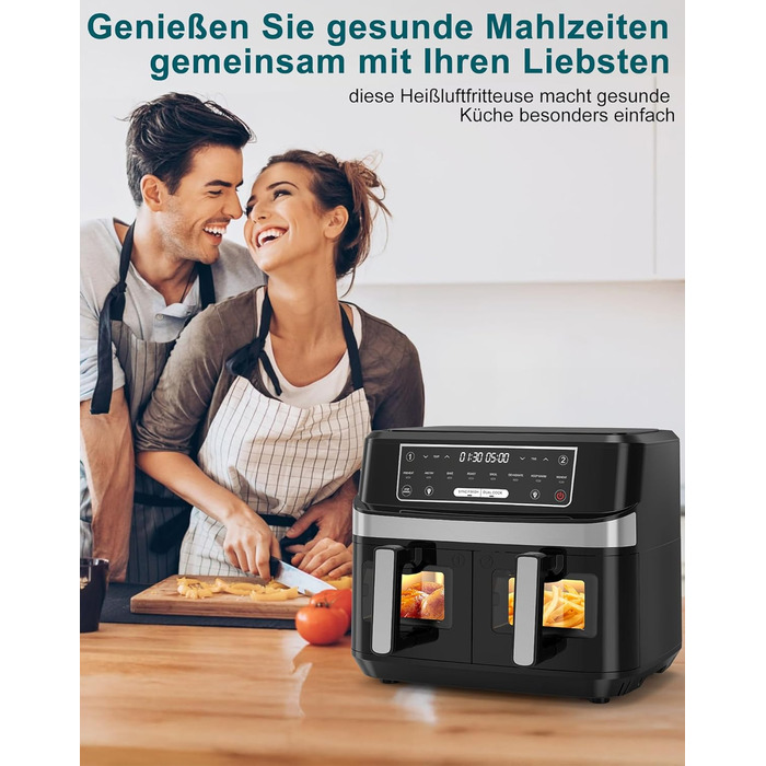 Подвійна фритюрниця без олії з 2 камерами, 10л, 8-в-1, сенсорний екран, таймер, XXL