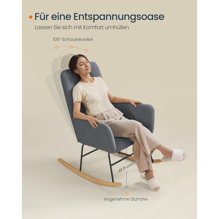 Крісло-гойдалка SONGMICS HOME з підлокітниками, для вітальні та спальні, сірий, до 136 кг, LYY500G01