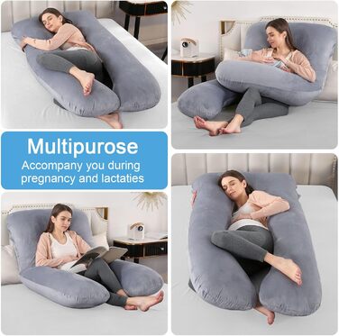 Подушка для вагітних SHANNA U-подібної форми, подушка для сну на боці, подушка для годування, комфортна подушка для дорослих, тілоподібна подушка, велюрова, темно-сіра, 70 x 145 см
