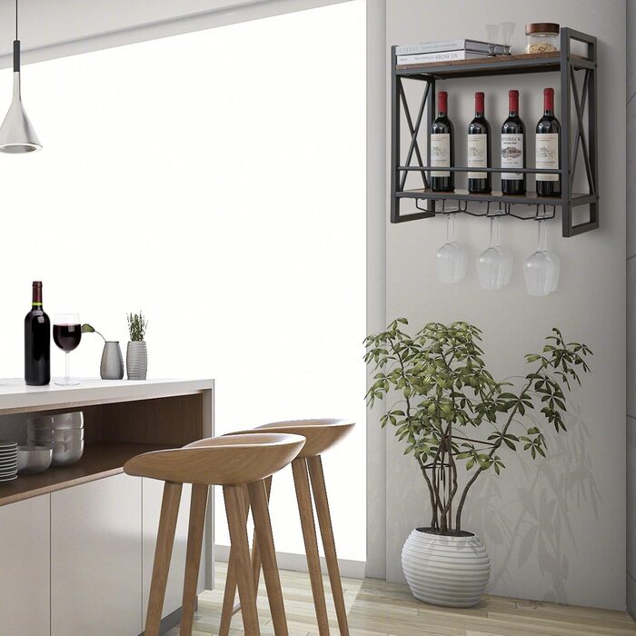 Стильна полиця для вина Komfotteu на стіну, дерев'яна з металевим каркасом, з тримачем для келихів, 60 x 20 x 55 см