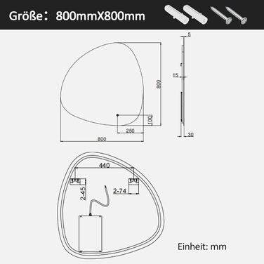 Асиметричне дзеркало для ванної кімнати Boromal з підсвічуванням 80x80 см LED, сенсорне керування, 3 кольори світла, регулювання яскравості
