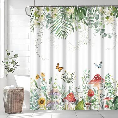 Штора для душу 180x220 см, Антигрибкова, з тропічним дизайном (пальмові листя, евкаліпт, гриби), водонепроникна, поліестер, для ванної кімнати, з 12 гачками, зелена