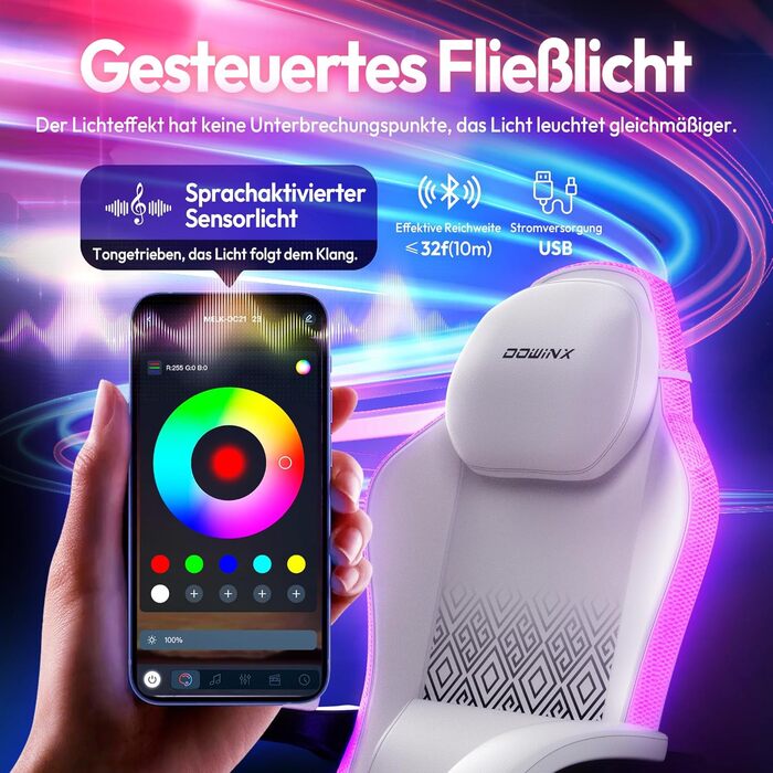 Ігровий крісло Dowinx з RGB підсвічуванням, LED, з підніжкою, для дорослих, ергономічний, з масажем попереку, з PU шкіри, білий