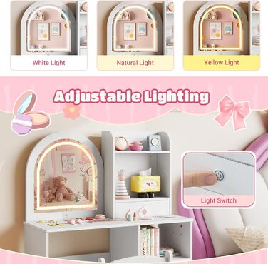 Дитячий туалетний столик LIFEZEAL 2 в 1 з дзеркалом та пуфом, з шухлядою, для дівчаток від 3 років (білий)