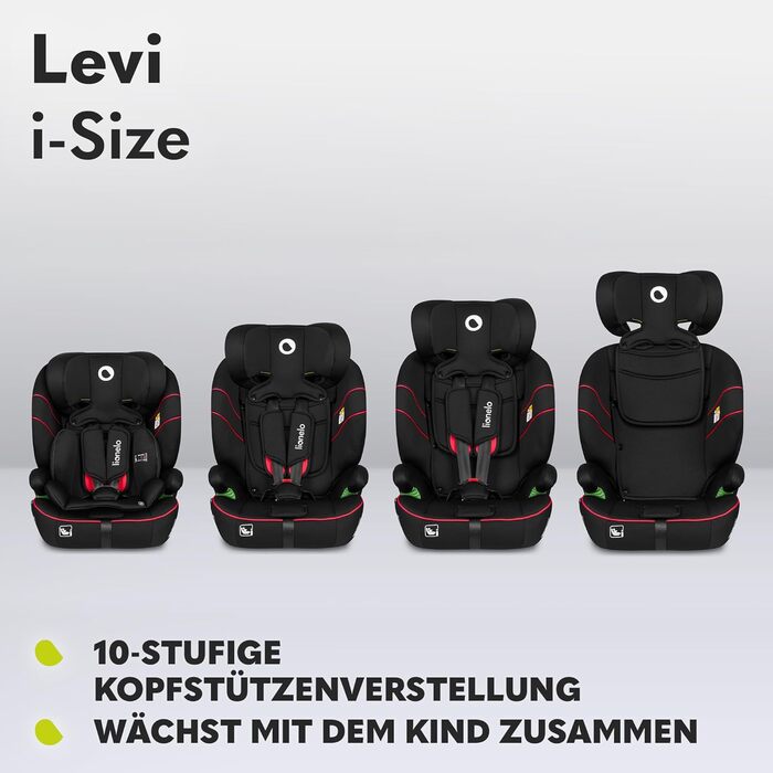 Автокрісло Lionelo Levi i-Size 76–150см, група 1/2/3, R129, чорне