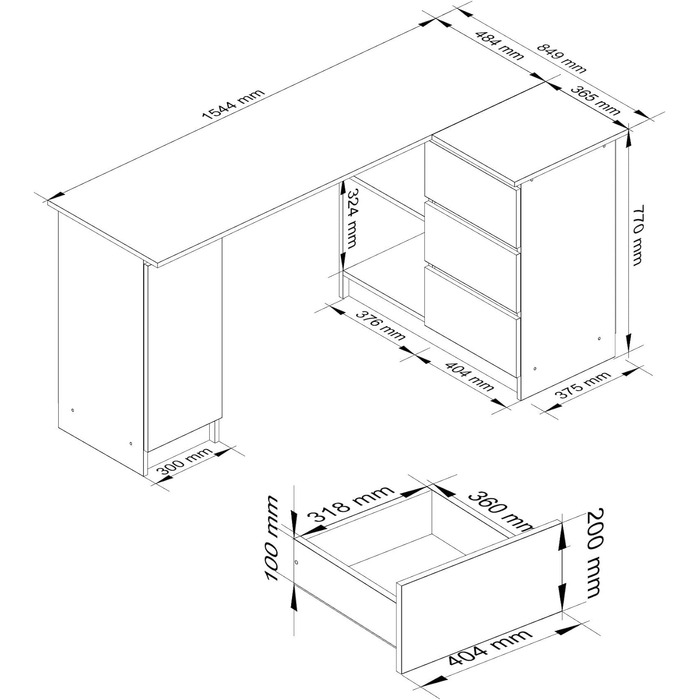 Кутовий письмовий стіл B-20 з 3 висувними ящиками, 2 полицями та відділенням для полиць з дверцятами Письмовий стіл Кутовий стіл Кутовий стіл для домашнього офісу Легке встановлення W155 x H77 x D85, 60 кг (білий / білий глянцевий)