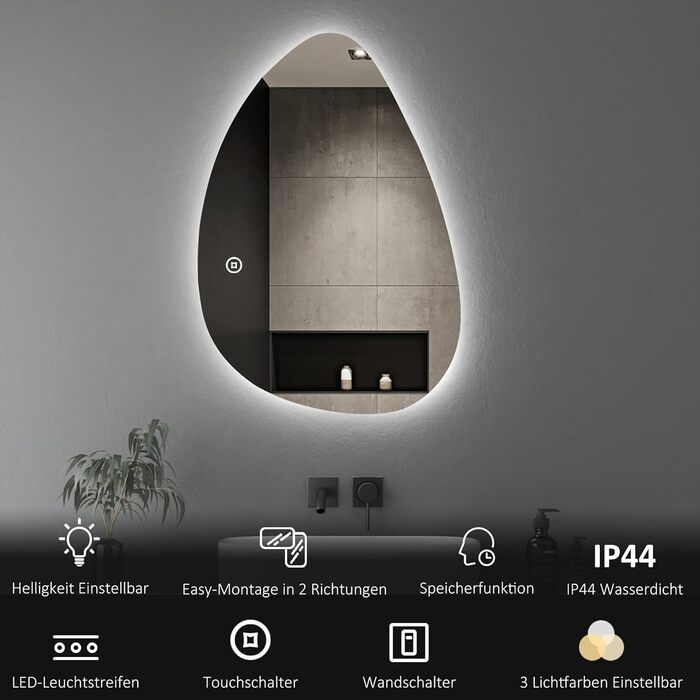 Асиметричне дзеркало для ванної кімнати Boromal з підсвічуванням 80x80 см, LED, сенсорний вимикач, 3 кольори, регулювання яскравості