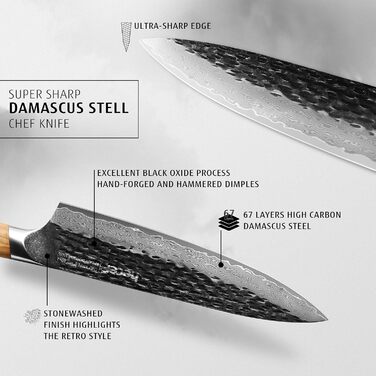 Ніж кухарський Damast 20 см Hecef, професійний ніж шеф-кухаря, японський ніж з 67 шарів дамаської сталі, гостре м'ясне лезо з ручкою з оливкового дерева