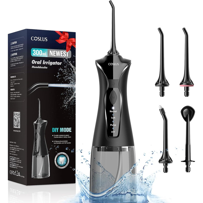 COSLUS Бездротовий електричний іригатор для порожнини рота: 4 режими, портативний, бак 300 мл, з очищувачем язика, для догляду за зубами та подорожей (світло-зелений/світло-чорний)