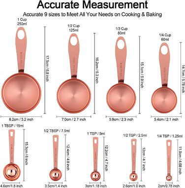 Мірні чашки і ложки Cuteefun, 8 шт. , ручка з нержавіючої сталі з метричними і американськими розмірами, гладка полірована поверхня, мірні чашки для сухих і рідких інгредієнтів, для випічки і приготування їжі (Рожеве золото)